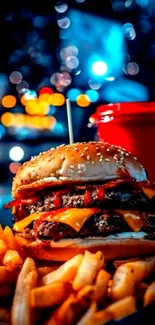 Double cheeseburger and fries with city lights background.