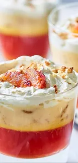 Creamy Mediterranean dessert with fruit and nuts in glasses on the table.