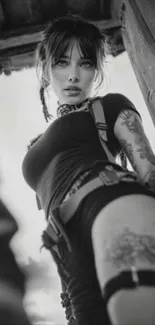 Tattooed individual in a black and white artistic portrait.