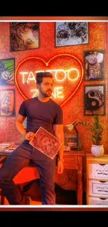 Vibrant tattoo studio with neon heart sign and art designs on wall.