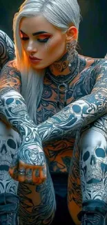 Tattooed angel with skull tattoos and wings in a dark, artistic setting.