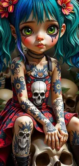 Anime girl with tattoos and blue hair sitting on skulls.