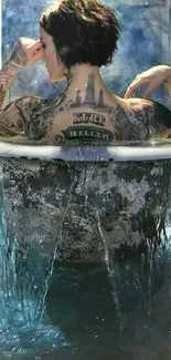 Tattooed person relaxing in overflowing bathtub.