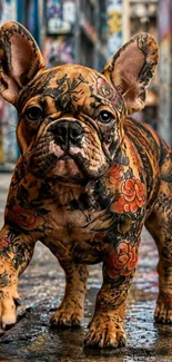 Tattooed bulldog walking in graffiti alley.