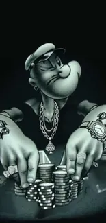 Cartoon character with tattoos stacking coins.