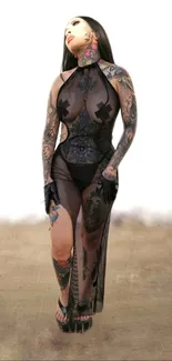 Tattooed woman in sheer black dress mobile wallpaper.