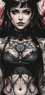 Tattooed fantasy character with gothic art style.