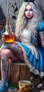 Fantasy tattooed character with flask