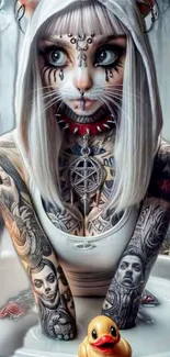 Fantasy cat woman with tattoos in surreal art.