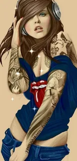 Digital artwork featuring a tattooed girl with headphones.