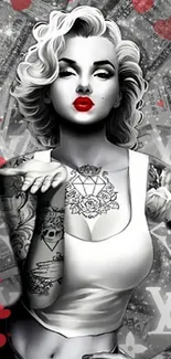 Glamorous tattooed woman with red lips, stylish black and white art.