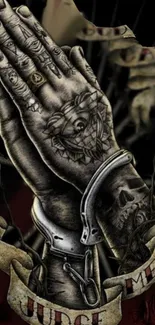 Tattooed hands in handcuffs illustration.