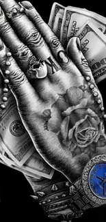 Tattooed hands holding cash with a blue watch and rosary.