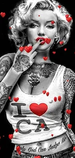 Monochrome retro wallpaper with tattoos and red accents.