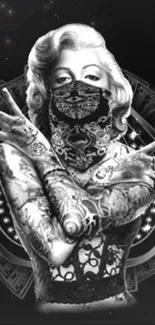 Tattooed vintage icon with rebellious pose in black and white art style.