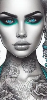 Illustrated woman with teal tattoos and earrings on wallpaper.