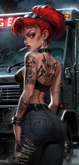 Edgy tattooed woman in front of a truck, showcasing urban street style.