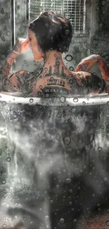 Tattooed woman in bathtub with mist surrounding in artistic wallpaper.