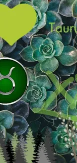 Taurus zodiac green succulent wallpaper with astrology symbols.