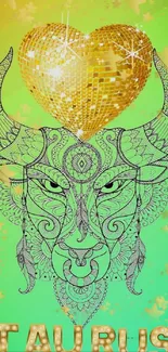 Decorative Taurus bull with golden heart on green background.