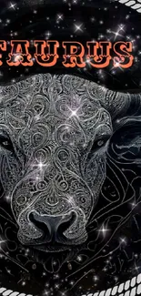 Taurus zodiac bull with intricate design on a starry black background.