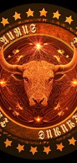 Taurus zodiac bull with orange celestial pattern on black background.