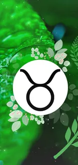 Taurus zodiac symbol on a green leafy background.