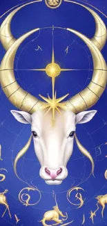 Mystical Taurus zodiac wallpaper with celestial symbols on a deep blue background.