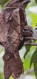 Tawny Frogmouth bird with chick perched on a tree branch, camouflaged perfectly in nature.