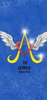 Mobile wallpaper with blue background, heart with wings, and 'Te Amo Mucho' text.