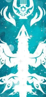 Teal wallpaper with white mystical symbol and starry accents.