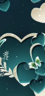 Teal heart and butterfly mobile wallpaper design.