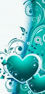 Teal heart with swirls and floral designs on a mobile wallpaper.