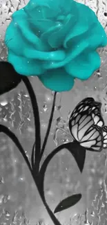 Mobile wallpaper with teal rose and raindrops on glass.