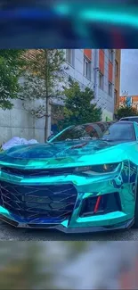 Teal sports car parked on a city street.