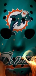 Fiery teal sports mask with team logo.