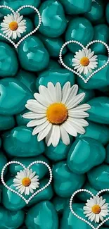 Daisies in heart shapes on teal stones wallpaper.