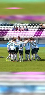 Soccer team huddle in stadium with green field and colorful seats.