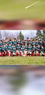 Youth rugby team posing on a green field.