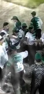 Athletes in green jerseys huddle together, showing team unity.