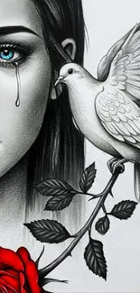 Artistic wallpaper with a tearful woman, dove, and red rose in grayscale.