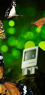 Butterflies surround retro computer in green forest.