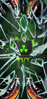 Digital circuit wallpaper with shattered glass effect and green glow.