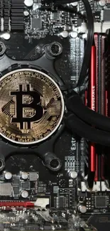 Bitcoin emblem on circuit board with red accents and microchip details.