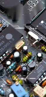 Close-up view of a colorful and detailed circuit board design.