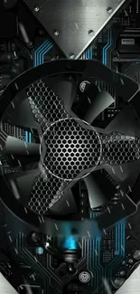 Futuristic circuit board wallpaper with central fan design.