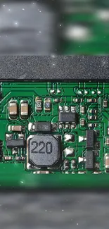 Close-up of a green circuit board with intricate electronic components.