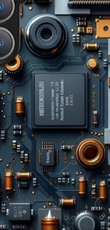 Close-up of a detailed circuit board design with blue and copper elements.