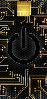 Tech-inspired wallpaper with power symbol and golden circuit design.