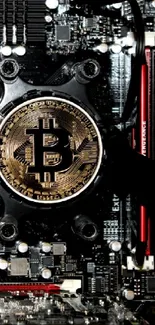 Bitcoin emblem on a circuit board in a black, red, and metallic design.